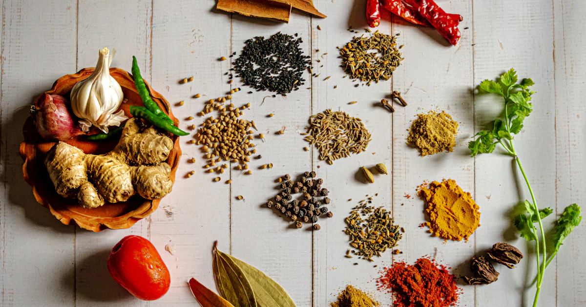 Small bowls of colorful spices: turmeric, paprika, cumin, cinnamon